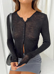 Long sleeve top Soft knit material Slightly sheer Front button fastening