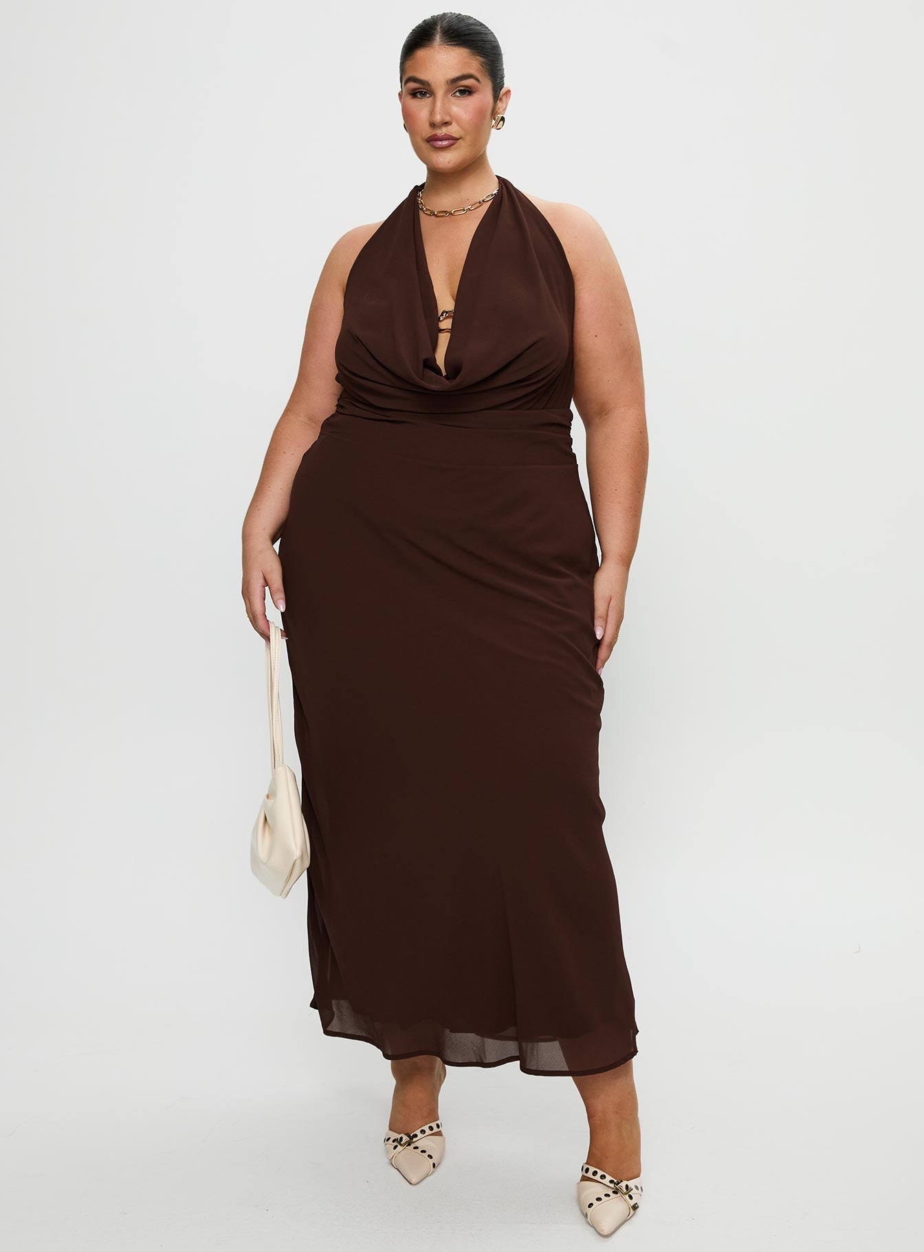 Alejandria Cowl Neck Maxi Dress Chocolate Curve - View 5 | Shop Formal Dress