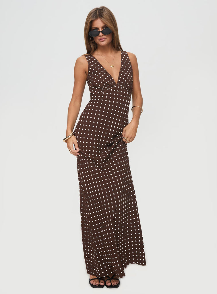 Nellie Maxi Dress Brown Polka Dot | Princess Polly