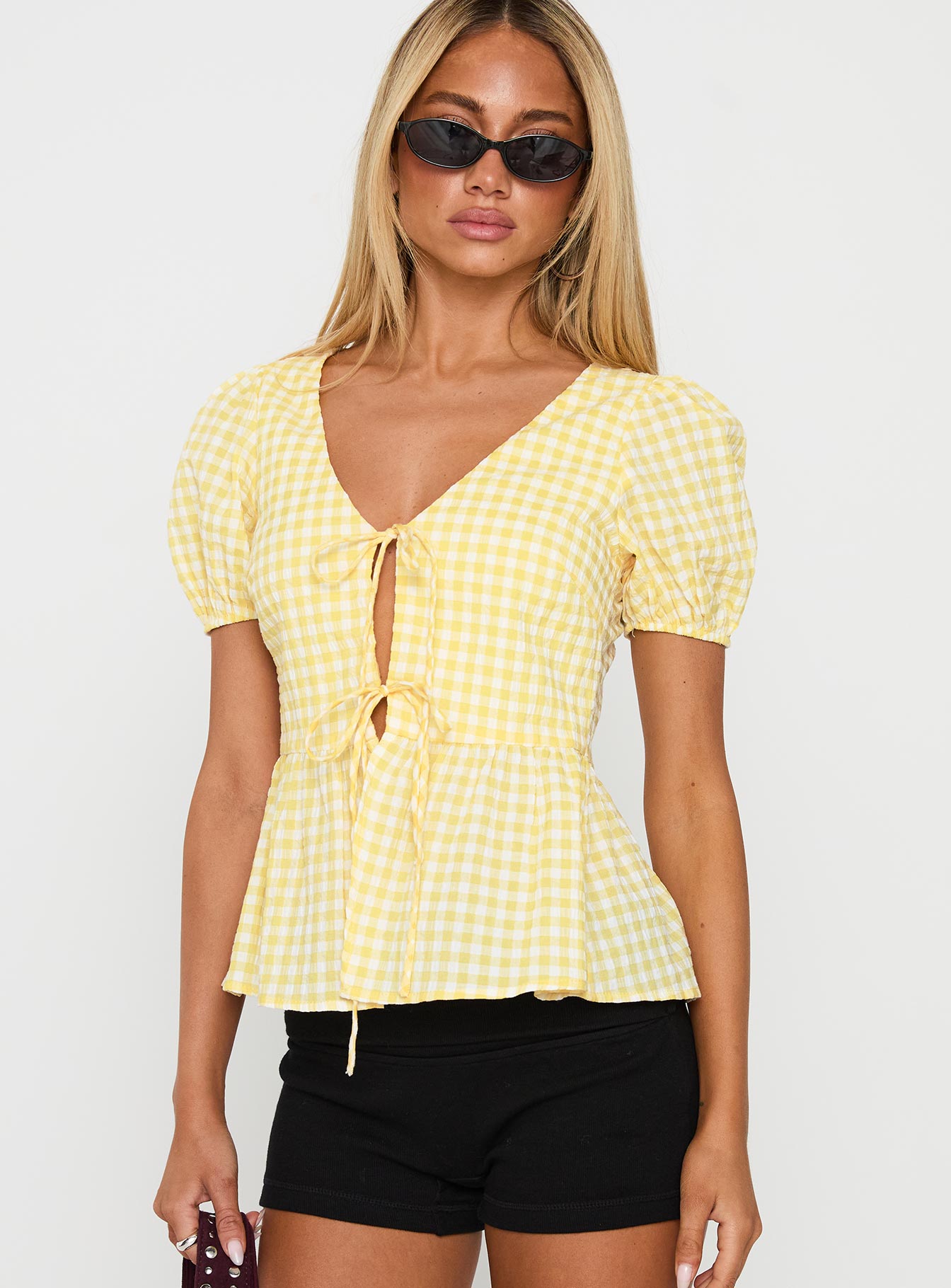 Collective Tops - Carmelah Tie Up Top Yellow Check fourth image