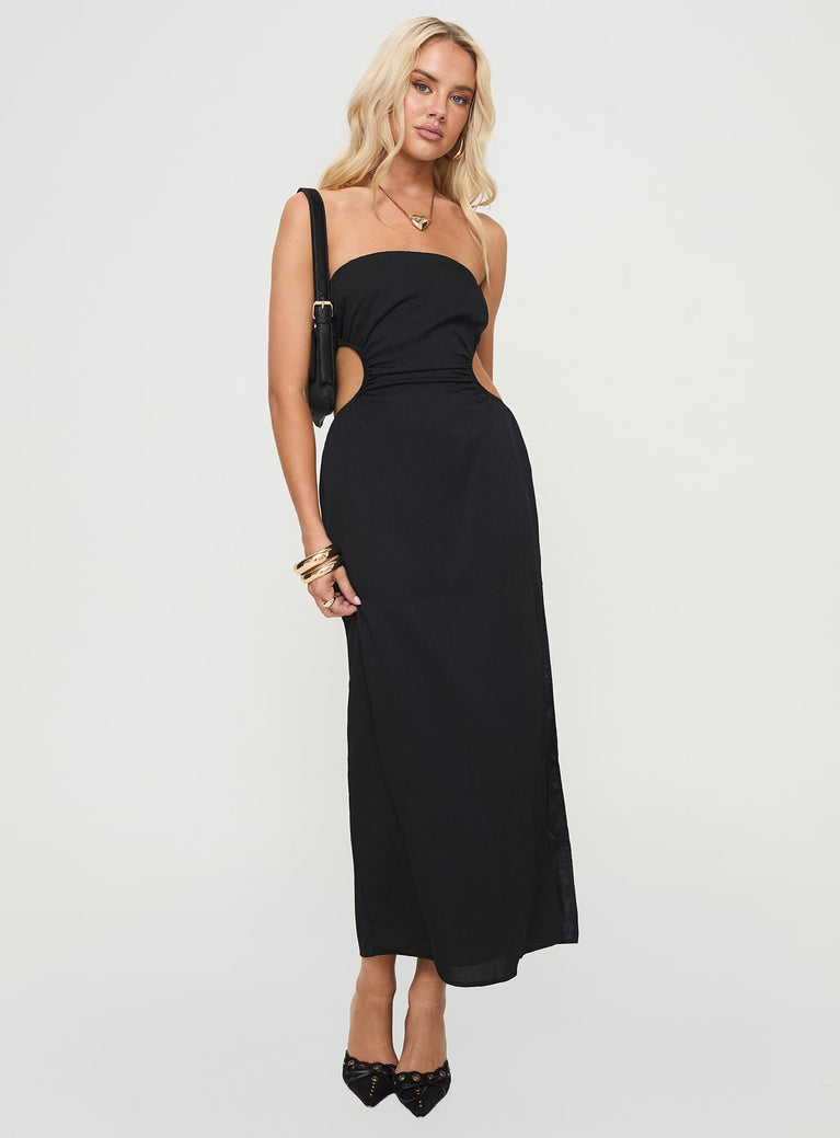 Maxi dress Inner silicone strip at back, tie fastening at back, adjustable cut-outs at side, high leg slit Straps can be worn strapless or halter neck Non-stretch material, fully lined Princess Polly Lower Impact 