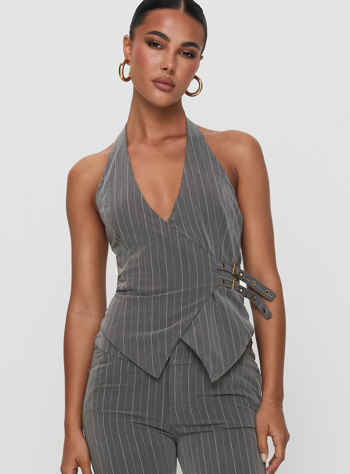 Collective Tops - Calexico Buckle Halter Top Grey Pinstripe fifth image