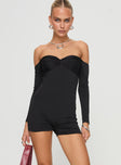 Off-the-shoulder playsuit Twist detail at bust, inner silicone strip at bust, invisible zip fastening Good stretch, fully lined  Princess Polly Lower Impact 