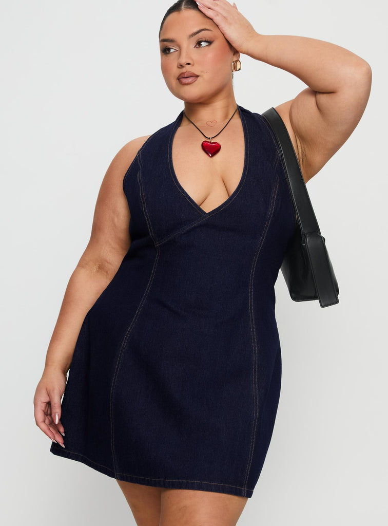 say goodnight denim halter mini dress Say Goodnight Denim Halter Mini Dress Mid Wash Curve