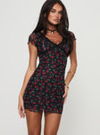 Floral mini dress V neckline, cap sleeves, lace trim, invisible zip fastening, lettuce edge hem Good stretch, fully lined 