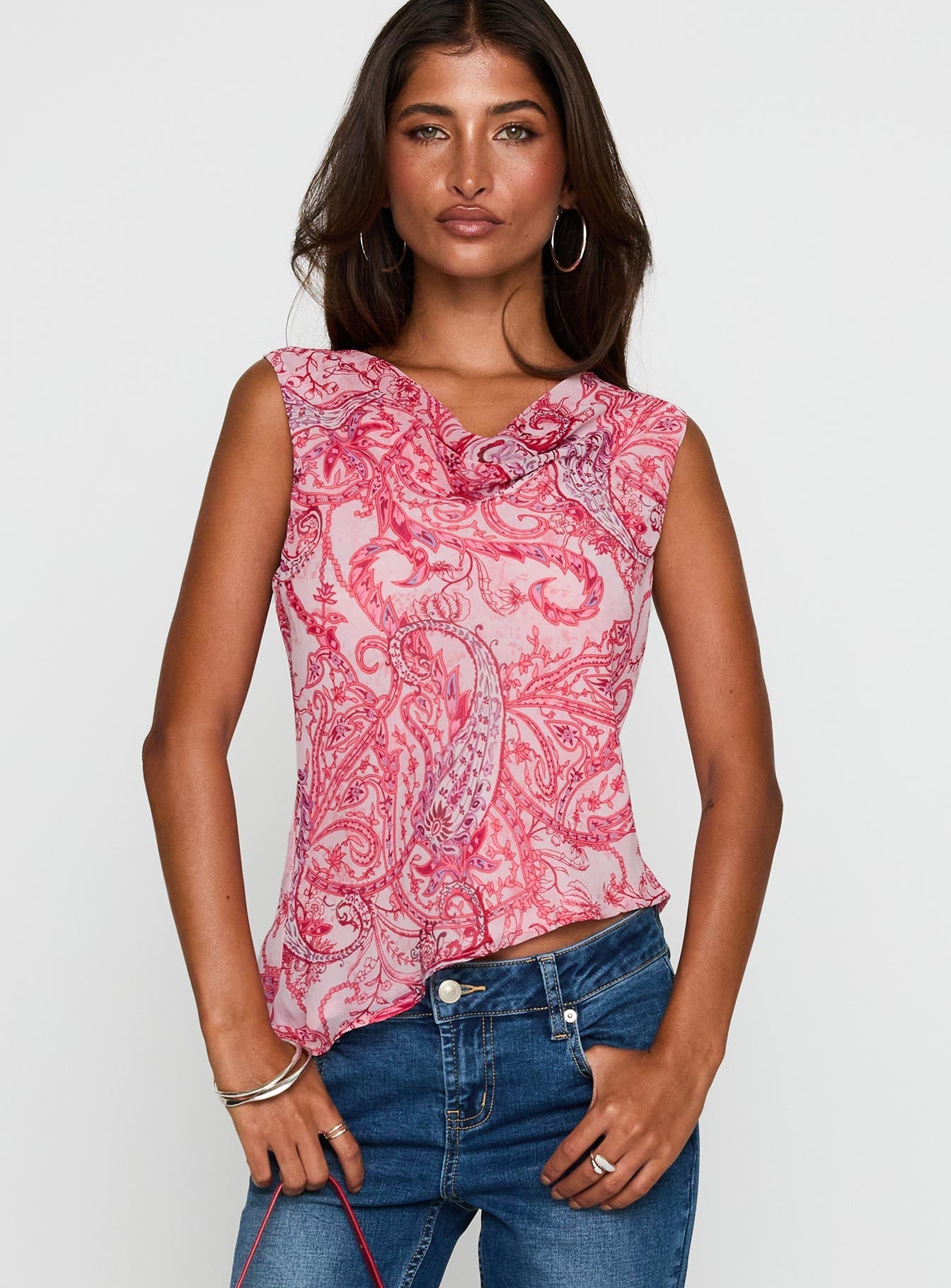 Collective Tops - Blame The Rain Cowl Neck Top Pink Paisley fifth image
