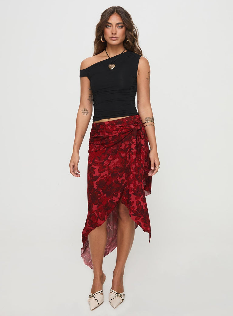 Midi skirt Floral print, high rise fit, invisible zip fastening, belt & tie detail, asymmetric hem Non-stretch material, unlined  Princess Polly Lower Impact 