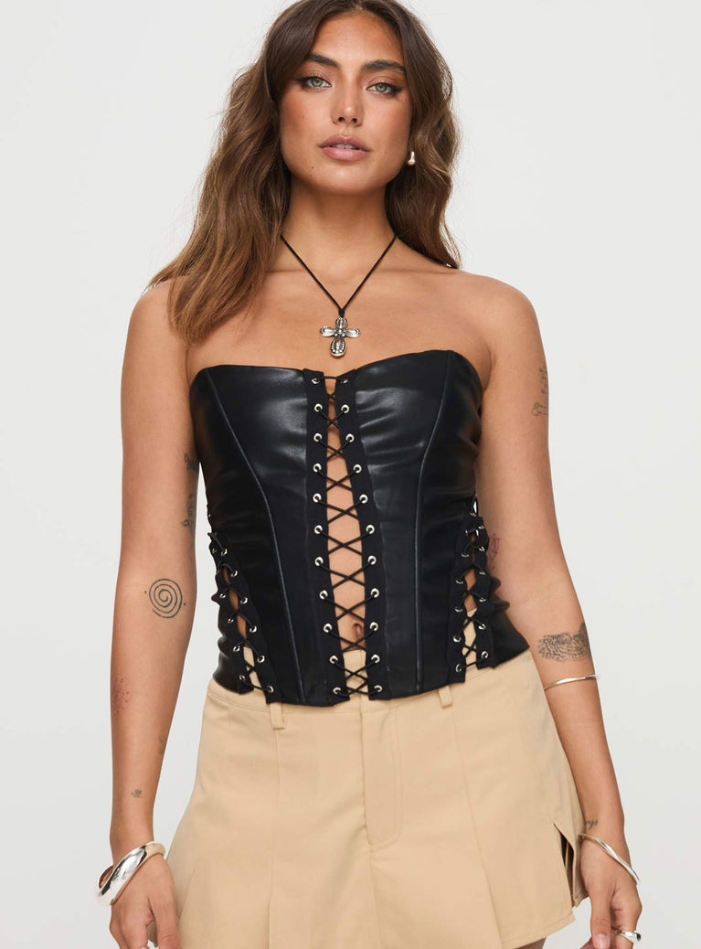 Faux leather corset top Strapless style, inner silicone strip at bust, exposed zip fastening Non-stretch material, fully lined 