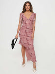 Floral midi dress V neckline, lace trim, frill detail, invisible zip fastening, asymmetrical hem Non-stretch material, fully lined 