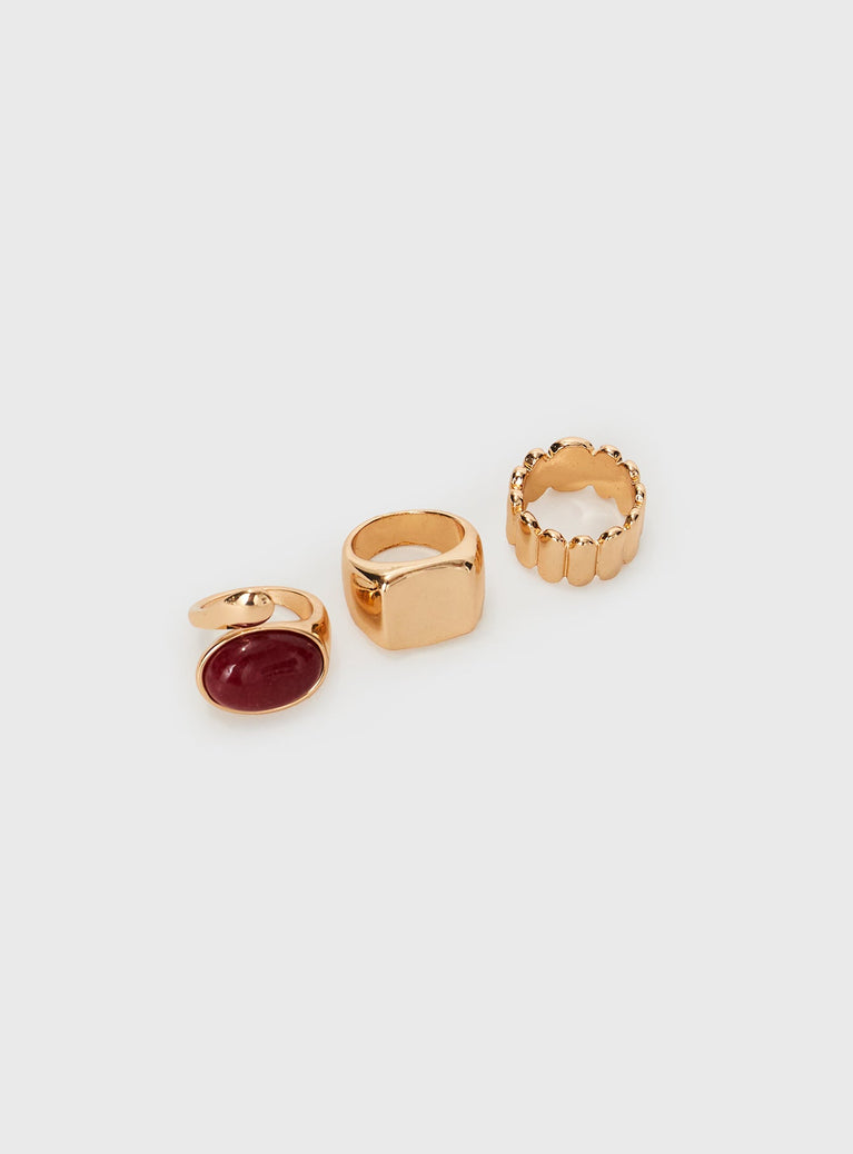 Gold-toned ring pack Pack of three, chunky style, gemstone detail Princess Polly Lower Impact
