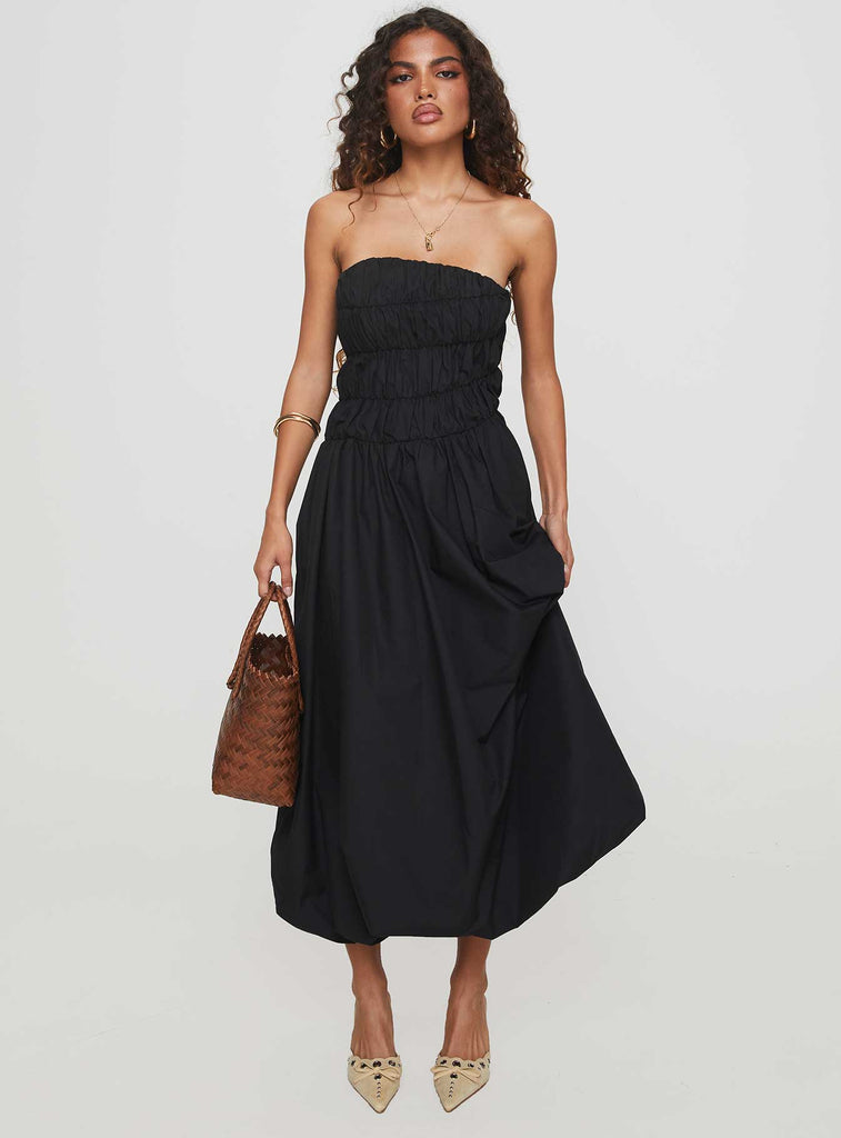 Brit Class Black Square Neckline Bubble Hem Design Midi Dress