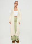 Longline cardigan Cable knit material, drop shoulder, ribbed trim Good stretch, unlined 