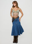 Denim midi skirt Belt looped waist, classic five pocket design, button & zip fastening, peplum hem Non-stretch material, unlined 