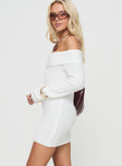 Off the shoulder mini dress Folded neckline, slightly sheer Good stretch, unlined Princess Polly Lower Impact