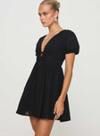 V neck mini dress Tie fastening at front, puff sleeves, invisible zip fastening at back  Non-stretch, partially lined  