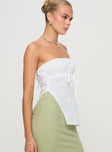 Strapless top  Drawstring ties at front & back, invisible zip fastening at the side, asymmetric slit Non stretch, lined bust