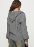 Zip up sweater Knit material, hooded style, exposed zip fastening, ribbed trim Good stretch, unlined 