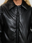 Black jacket Classic collar, exposed zip fastening, drawstring at waist, twin pockets