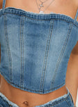 Denim top Adjustable straps, corset style, inner silicone strip at bust, zip fastening Non-stretch material, unlined 