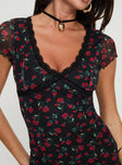 Floral mini dress V neckline, cap sleeves, lace trim, invisible zip fastening, lettuce edge hem Good stretch, fully lined 