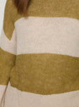Striped sweater Mock neck, oversized fit, drop shoulder, ribbed trim Good stretch, unlined 