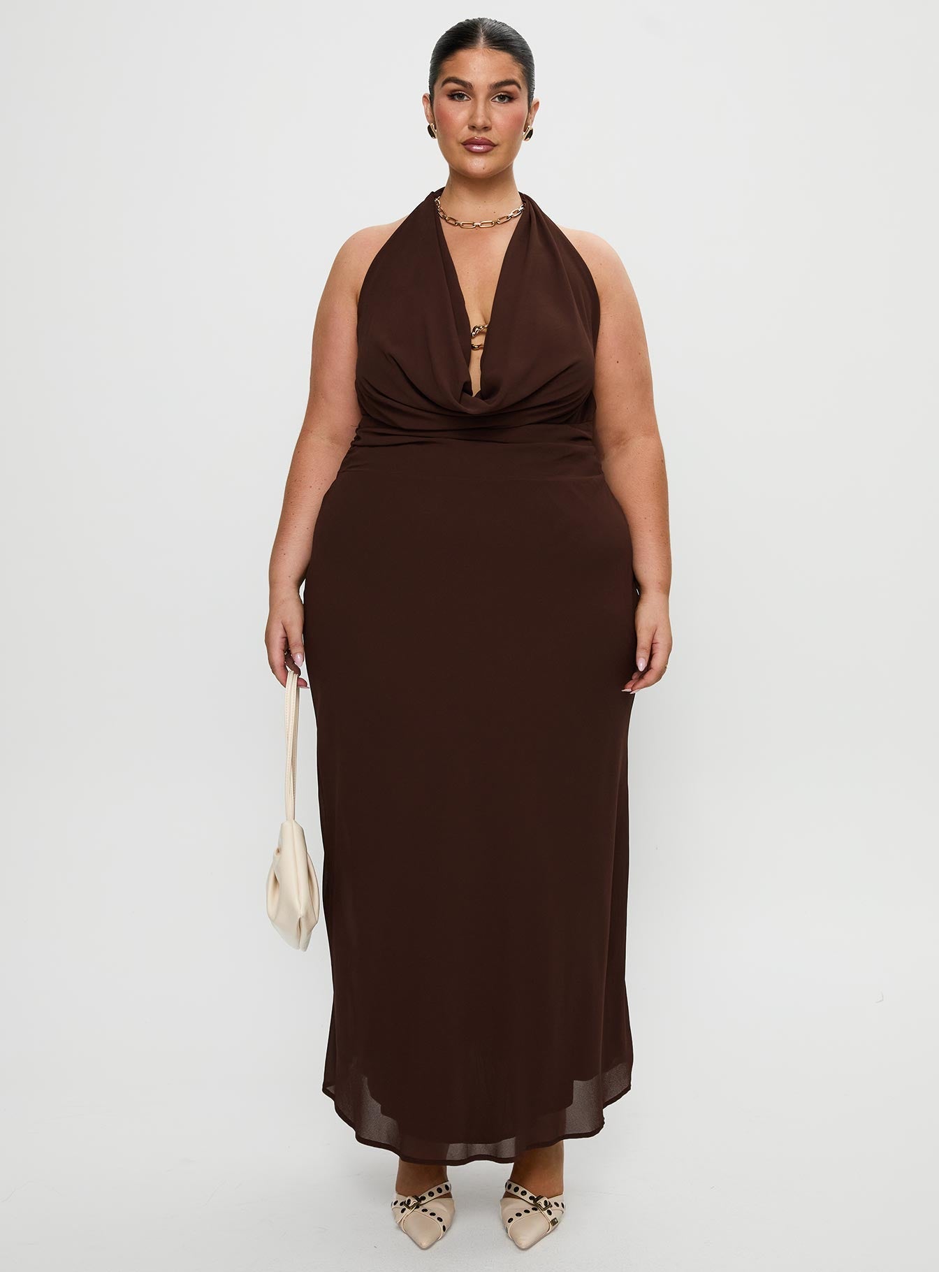 Alejandria Cowl Neck Maxi Dress Chocolate Curve - View 2 | Shop Formal Dress