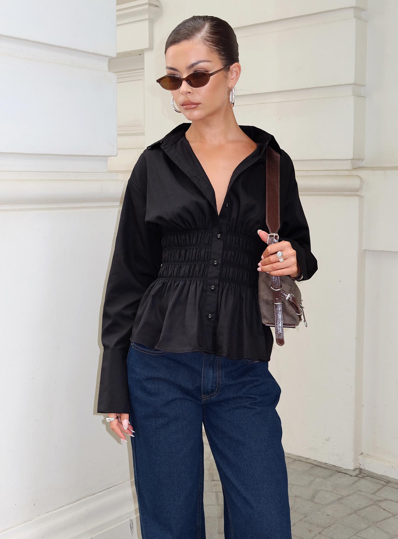 Collective Tops - As You Are Shirred Button Up Top Black secondary image