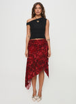 Midi skirt Floral print, high rise fit, invisible zip fastening, belt & tie detail, asymmetric hem Non-stretch material, unlined  Princess Polly Lower Impact 