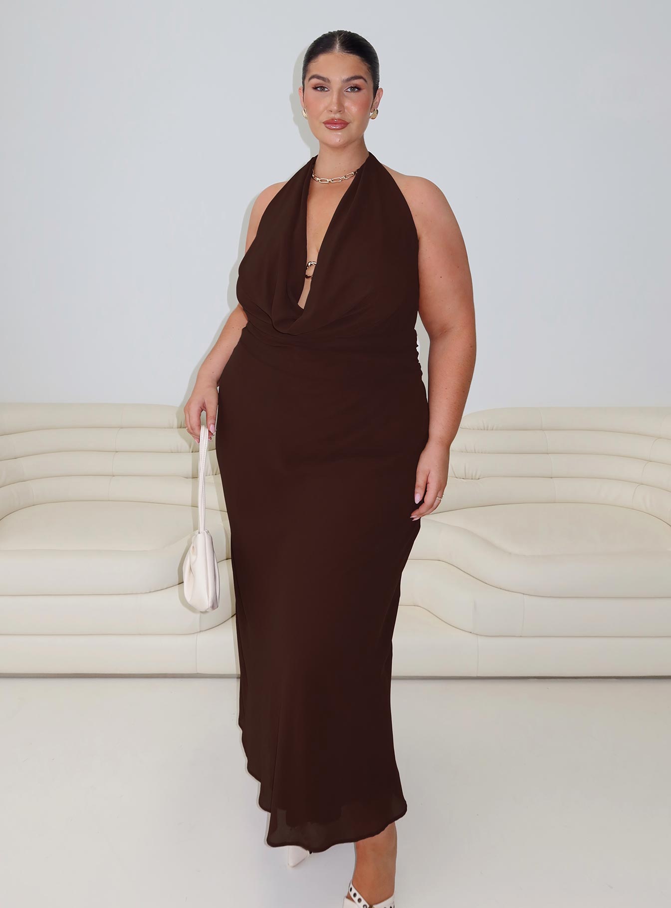 Alejandria Cowl Neck Maxi Dress Chocolate Curve - View 3 | Shop Formal Dress