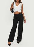 Pants Belt looped waist, zip & button fastening, faux back pockets, wide leg Non-stretch material, unlined