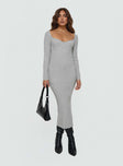 Long sleeve maxi dress  Knit-like material, sweetheart neckline Good stretch, unlined