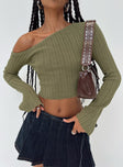 Khaki long sleeve top Ribbed knit material Off the shoulder design Flared sleeves Good stretch semi sheer