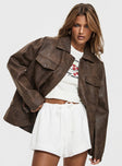 Brown Faux leather jacket Zip front fastening, pointed collar, twin chest & hip pockets, single button on cuff, drop shoulder