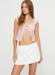 Mini skirt Mid-rise, lace trim and rose detail at waist, slightly sheer Slight stretch, fully lined 