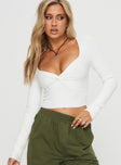 Long sleeve Top Sweetheart neckline, twist detail at bust, ribbed knit-like material, slim fitting  Good stretch, unlined
