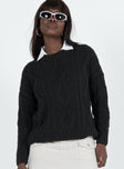 Black sweater Cable knit material Scoop neckline Drop shoulder Good stretch  Unlined