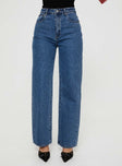 High rise jean, mid-wash denim Relaxed leg, five pocket designs, belt looped waist, button & zip front fastening 