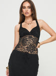 Lace bodysuit V neckline, twist detail at bust, adjustable straps, high cut leg, cheeky cut bottom, press clip fastening at base Good stretch, lined bust Princess Polly Lower Impact 