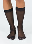 Knee high socks  Delicate sheer material - wear with care  Elasticated hem Good stretch  Unlined  OSFM