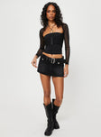Skort Low rise Black denim material Removable belt  Silver-toned hardware Zip and button fastening