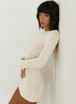 Long sleeve mini dress Boucle material, low back, sheer knit, tie fastening at back 