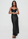 Satin maxi dress Bias-cut, sweetheart neckline, adjustable shoulder straps, lace detail, wired cups, tie detail, elasticated bands at back, invisible zip fastening at back Non-stretch, lined bust 