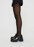 Stockings Sheer material, heart detailing, thigh-high design  Good stretch, delicate material- handle with care 