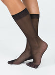 Knee high socks  Delicate sheer material - wear with care  Elasticated hem Good stretch  Unlined  OSFM