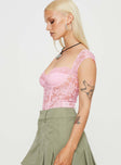 Pink bodysuit Bodysuit Slim fitting sheer lace material cap sleeve