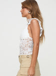 White Lace top Fixed shoulder straps, v neckline, ruffle sleeve
