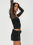 Skort Low rise Black denim material Removable belt  Silver-toned hardware Zip and button fastening