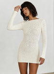 Long sleeve mini dress Boucle material, low back, sheer knit, tie fastening at back 