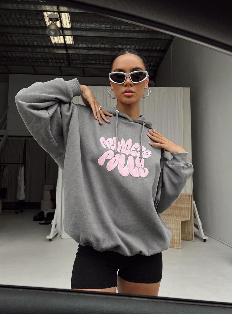 Princess Polly Hoodie Sweatshirt Bubble Text Charcoal / Light Pink