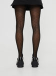 Stockings Sheer material, heart detailing, thigh-high design  Good stretch, delicate material- handle with care 